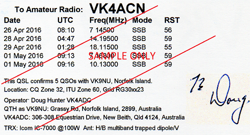 VK9NU QSL card back, sample data